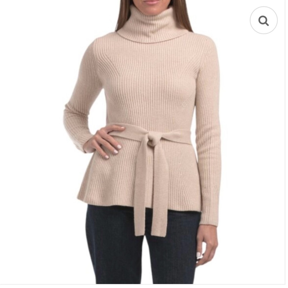 ELIE TAHARI 100% Cashmere Long Sleeve Cowl Neck Tie Waist Ribbed Top